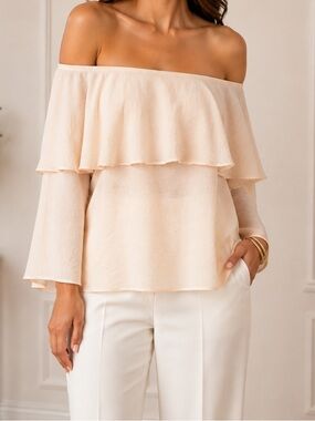 Off-Shoulder Ruffle Romantic Blouse in Soft Peach/Apricot
